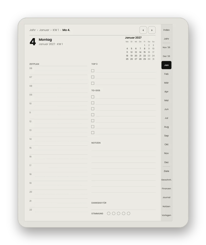 Tagesseite mit Zeitplan, Top 3, To-dos und Notizen