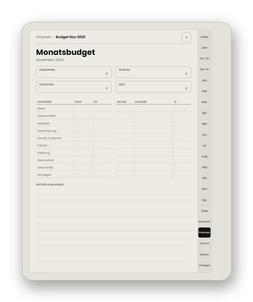 Monatsbudget mit Kategorien und Ausgaben